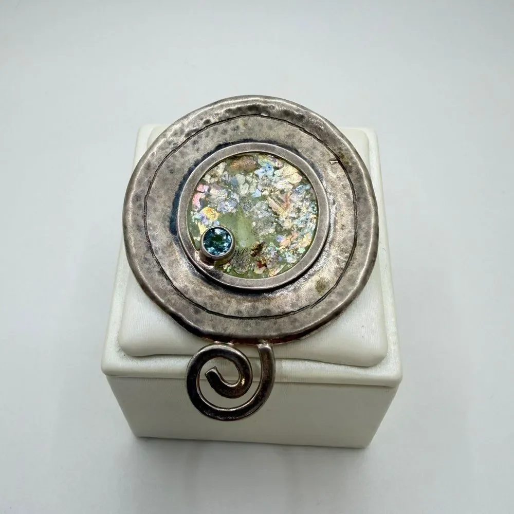 Amazing, Israel made sterling silver Roman Glass, Blue Topaz Pin/Brooch/Pendant!